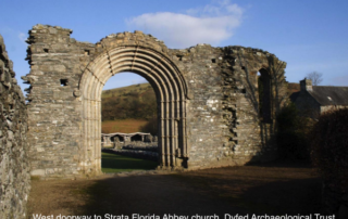 Looking down at the ruins of Strata Florida Abbey, from the hillside to the southeast. Dyfed Archaeological Trust.